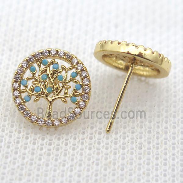 copper stud Earrings pave zircon, tree of life, gold plated