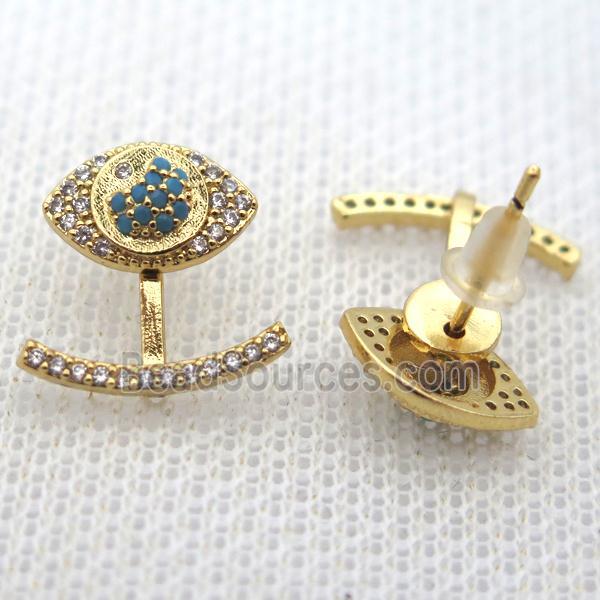 copper earring studs pave zircon, eye, gold plated