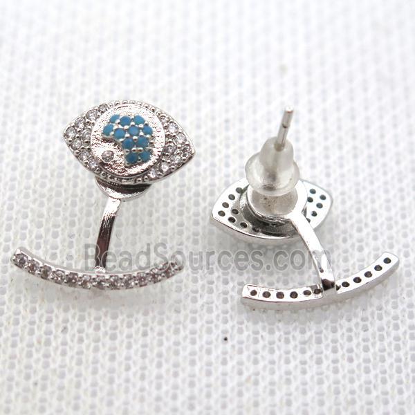 copper earring studs pave zircon, eye, platinum plated