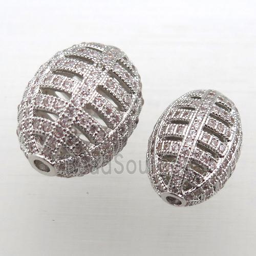 copper barrel beads pave zircon, hollow, platinum plated