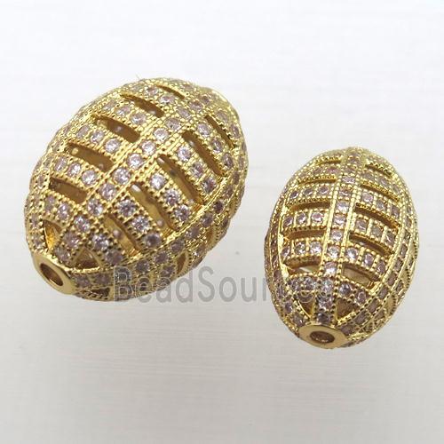 copper barrel beads pave zircon, hollow, gold plated