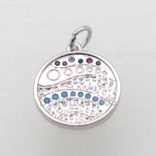 copper circle pendant pave zircon, platinum plated