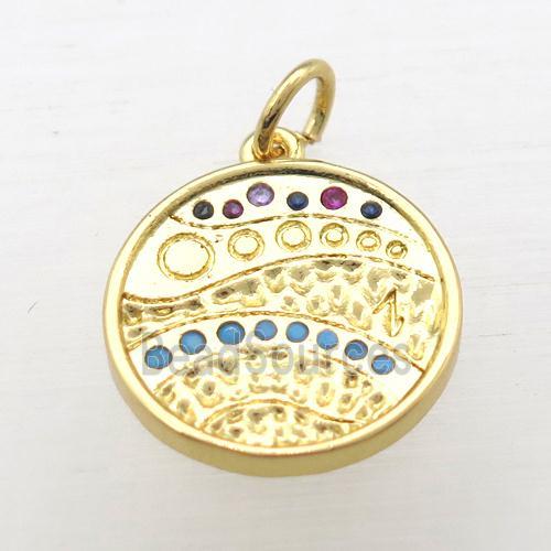 copper circle pendant pave zircon, gold plated