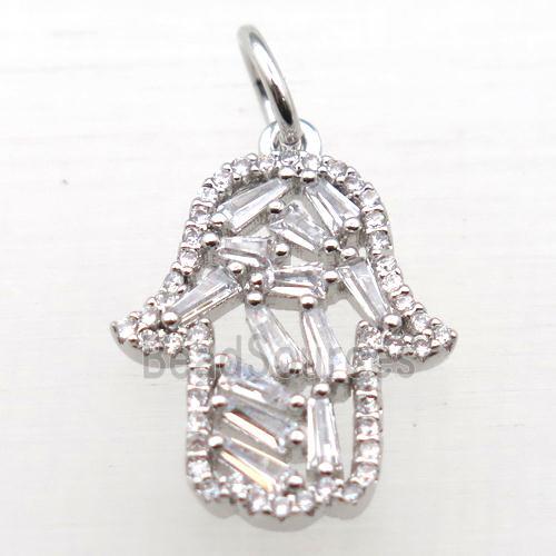 copper hamsahand pendant pave zircon, platinum plated