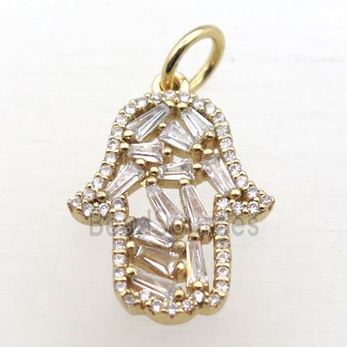 copper hamsahand pendant pave zircon, gold plated