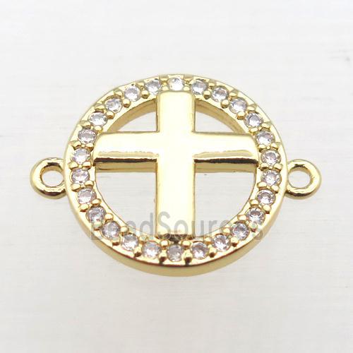 copper circle cross connector pave zircon, gold plated