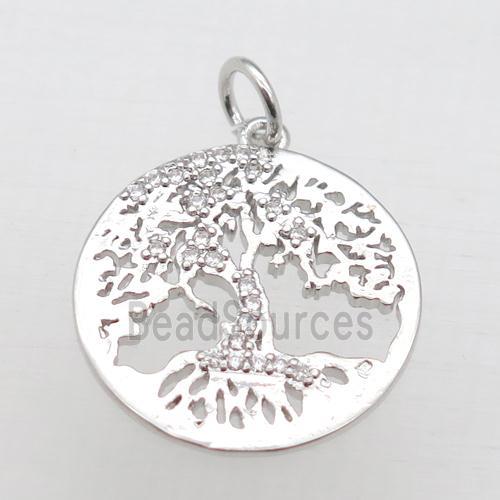 copper tree pendant pave zircon, platinum plated