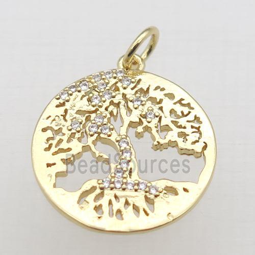 copper tree pendant pave zircon, gold plated