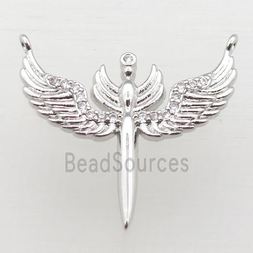 copper pendant pave zircon with 2loops, angel wing, platinum plated