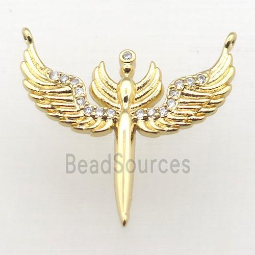 copper pendant pave zircon, angel wing, gold plated