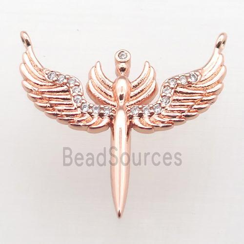 copper pendant pave zircon, angel wing, rose gold