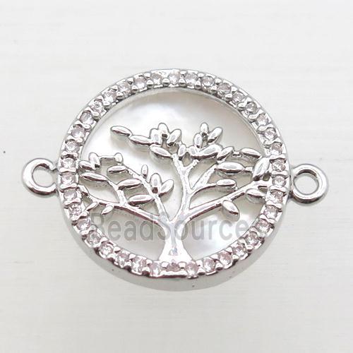 copper circle pave zircon, tree of life, platinum plated