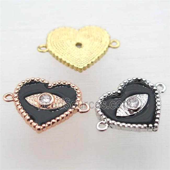 copper heart connector pave zircon with black Enameling, mixed color