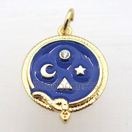 copper circle pendant pave zircon with enameling, gold plated