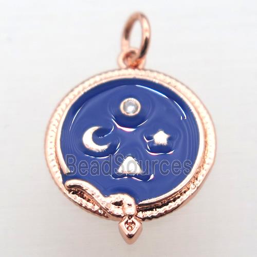 copper circle pendant pave zircon with enameling, rose gold