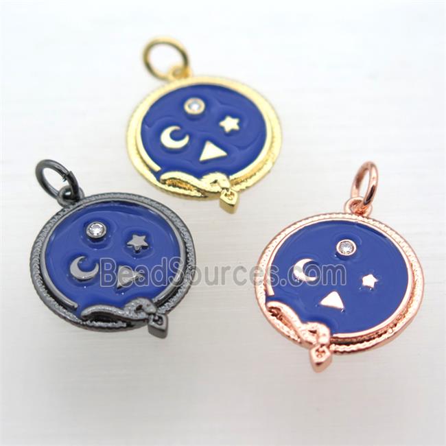 copper circle pendant pave zircon with blue enameling, mix color