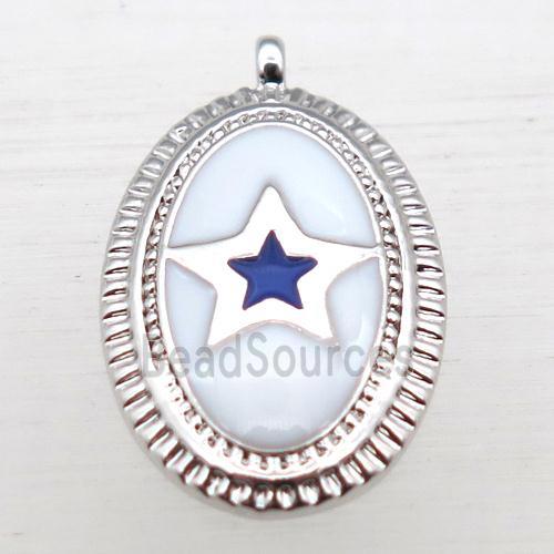 copper oval pendant with star enameling, platinum plated