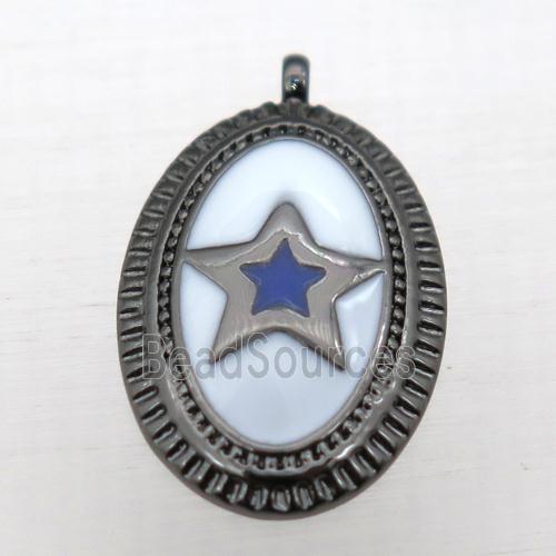 copper oval pendant with star enameling, black plated