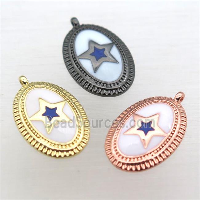 copper oval pendant with star white enameling, mixed color