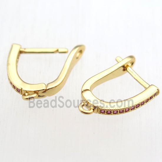 copper Latchback Earrings paved zircon with loop, gold plated