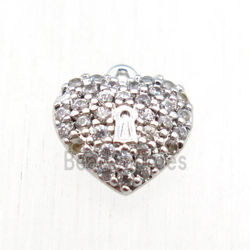 copper heart pendant paved zircon, platinum plated