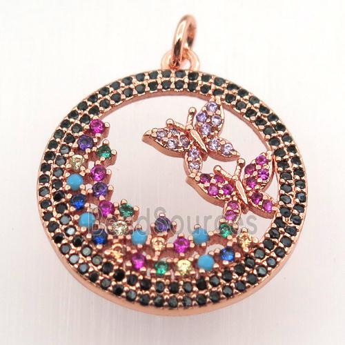 copper circle pendant pave zircon, butterfly, rose gold