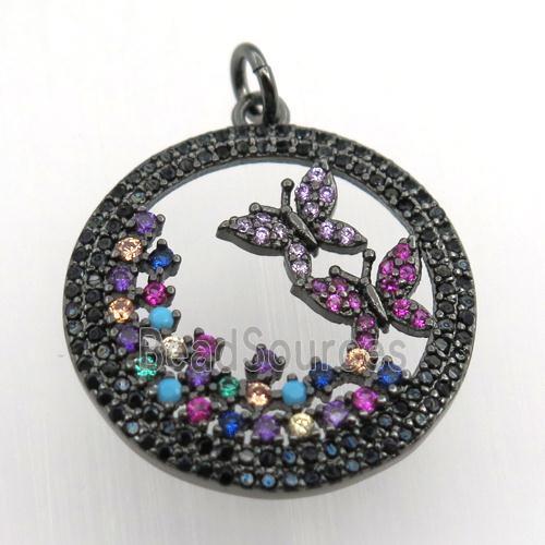 copper circle pendant pave zircon, butterfly, black plated