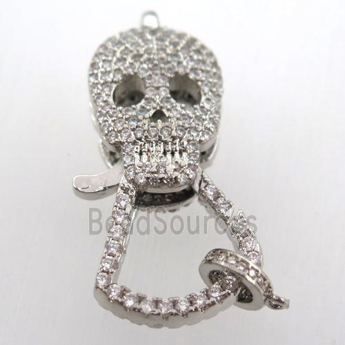 copper skull clasp pave zircon, platinum plated