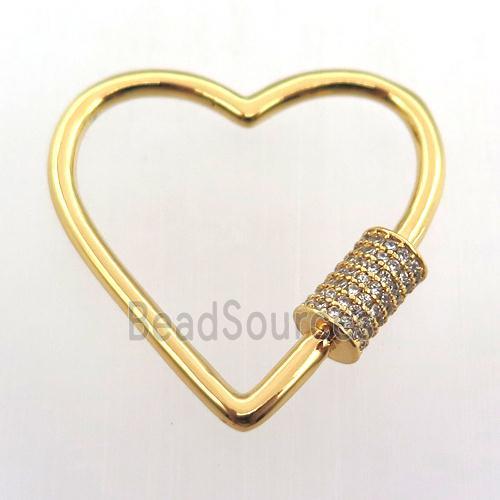 copper carabiner lock pave zircon, heart, gold plated