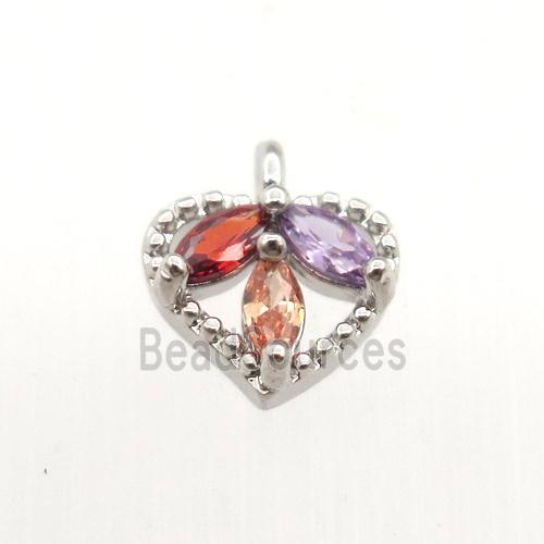 copper heart pendant pave zircon, platinum plated