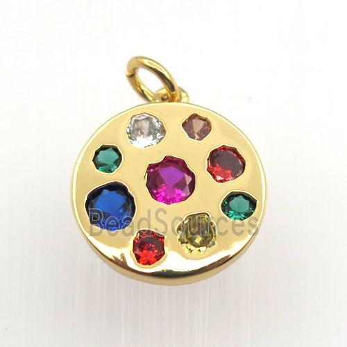 copper circle pendant pave zircon, gold plated