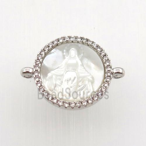 copper circle connector pave zircon with shell Jesu, platinum plated