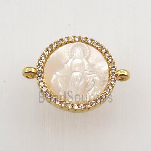 copper circle connector pave zircon with shell Jesu, gold plated