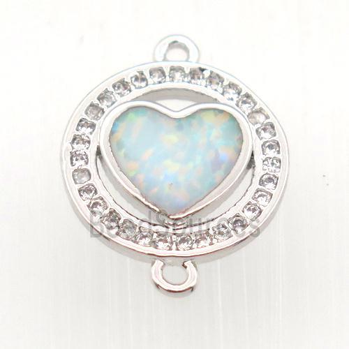 copper circle connector pave zircon with fire opal heart, platinum plated