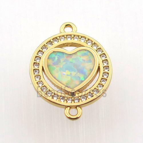 copper circle connector pave zircon with fire opal heart, gold plated