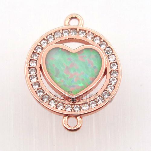 copper circle connector pave zircon with fire opal heart, rose gold