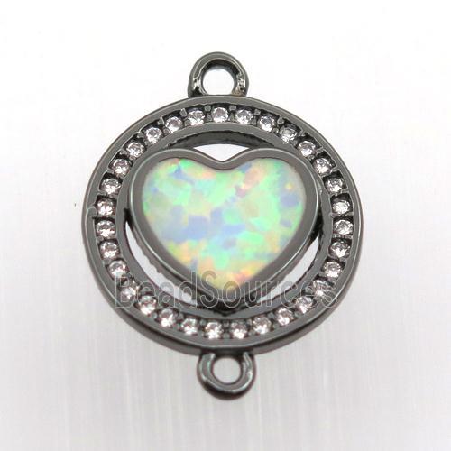 copper circle connector pave zircon with fire opal heart, black plated