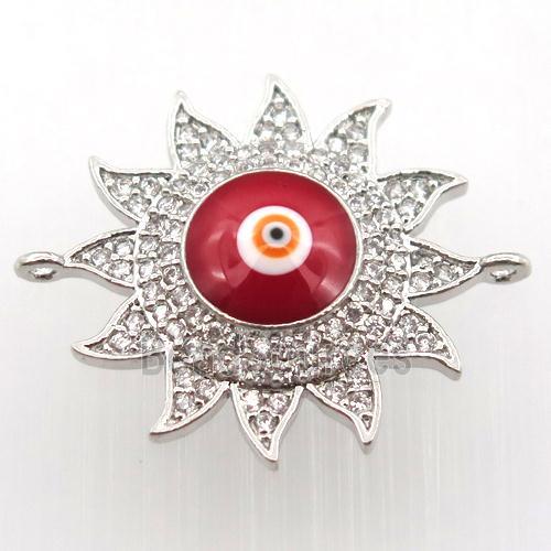 copper sun connector pave zircon with evil eye, platinum plated