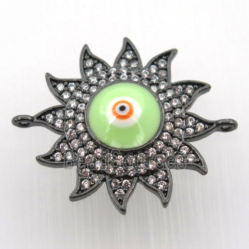 copper sun connector pave zircon with evil eye, black plated