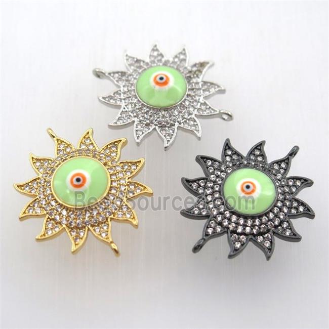 copper sun connector pave zircon with evil eye, mix color