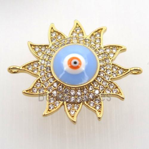 copper sun connector pave zircon with evil eye, gold plated