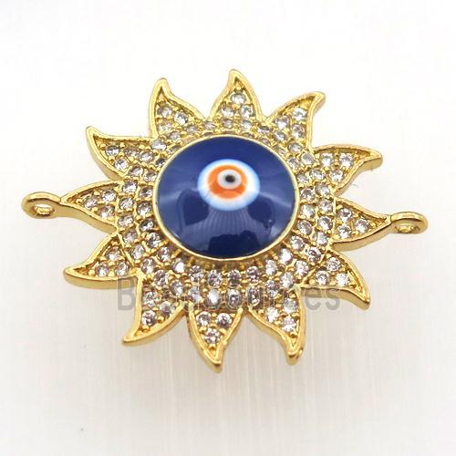 copper sun connector pave zircon with evil eye, gold plated