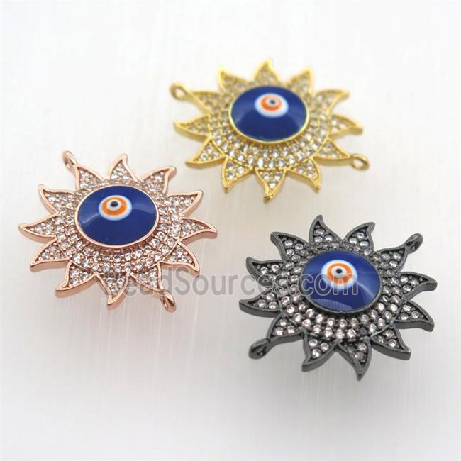 copper sun connector pave zircon with evil eye, mix color