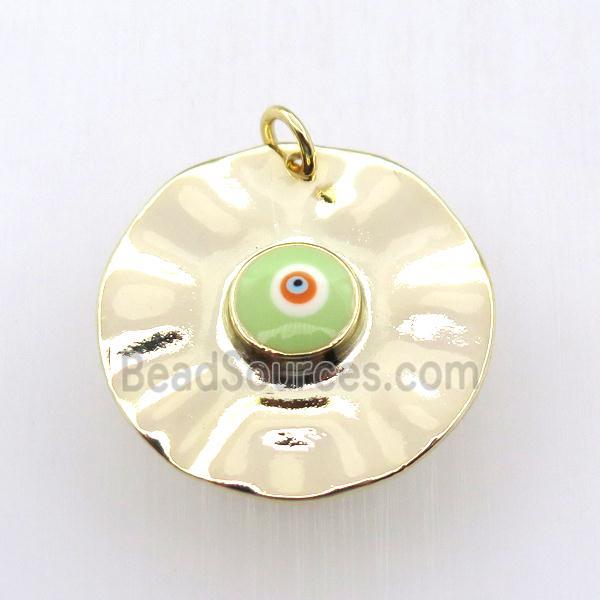 copper circle pendant with green evil eye, gold plated