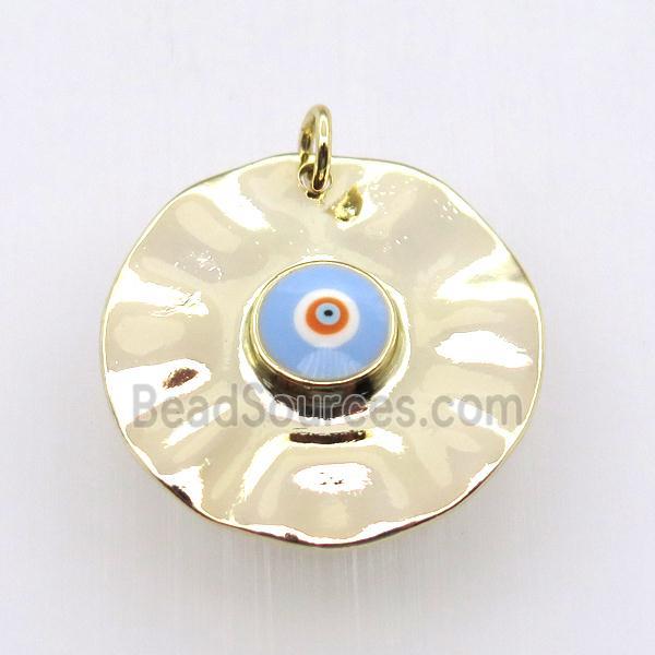 copper circle pendant with blue evil eye, gold plated