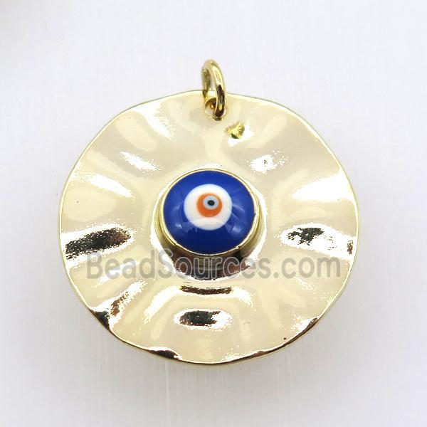 copper circle pendant with blue evil eye, gold plated