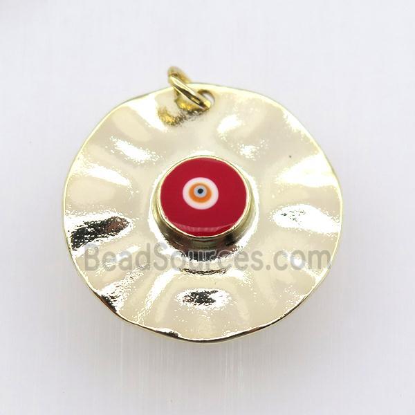 copper circle pendant with red evil eye, gold plated