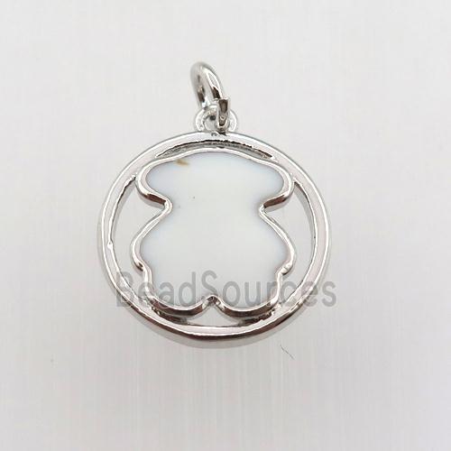 copper circle pendant with white enameling bear, platinum plated