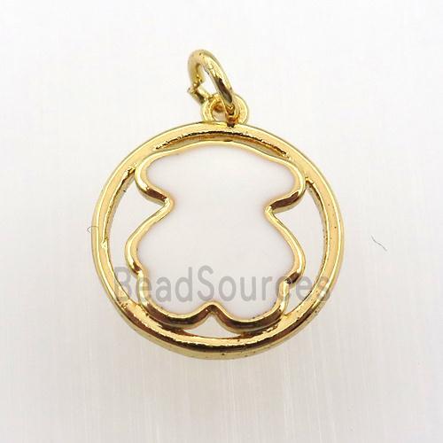 copper circle pendant with white enameling bear, gold plated