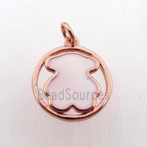 copper circle pendant with white enameling bear, rose gold